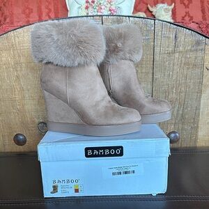 BAMBOO Taupe Faux Suede Wedge Booties with Faux Fur Cuff